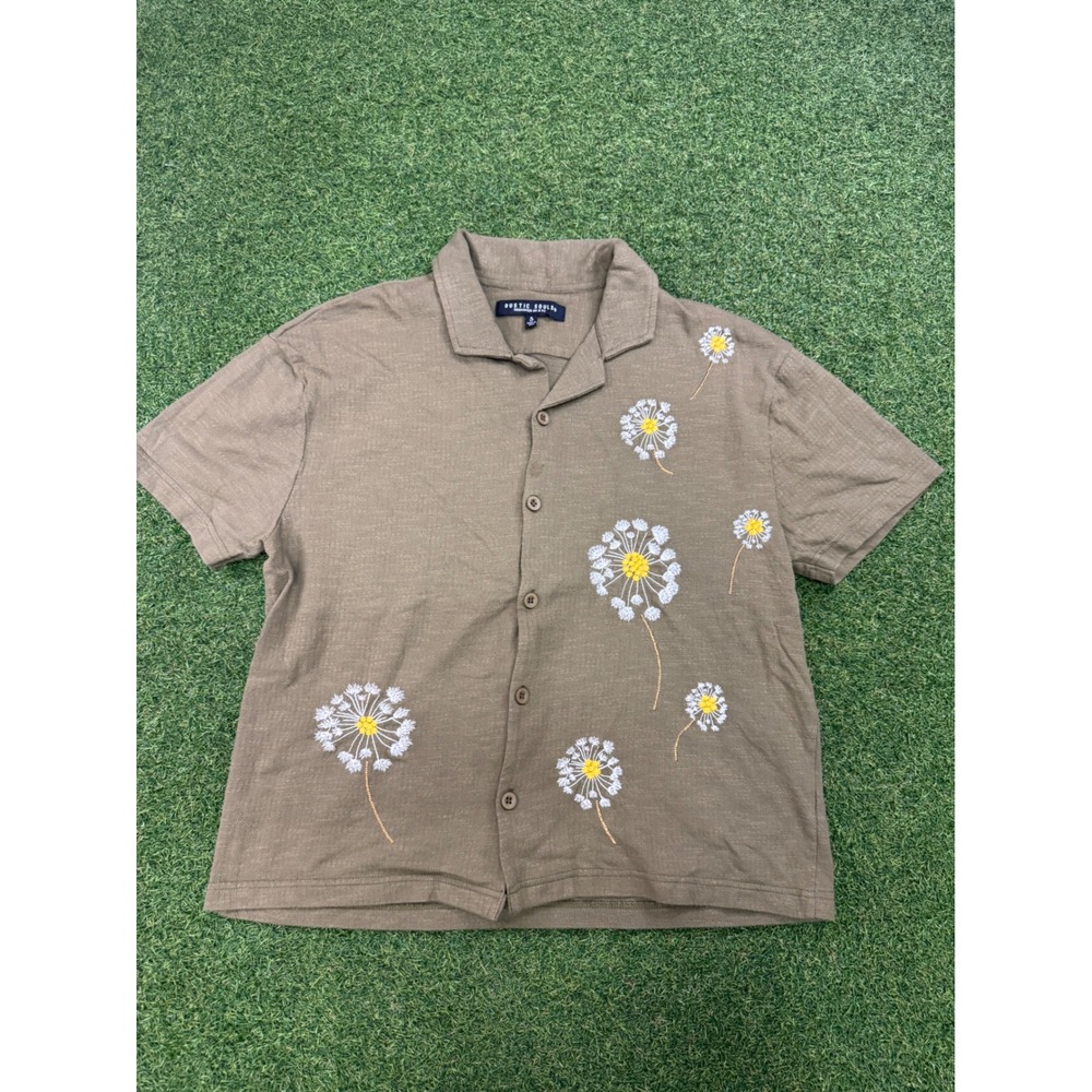 Rustic Souls Mens Small Olive Green Embroidered‎ Dandelion Camp Collar Shirt S
